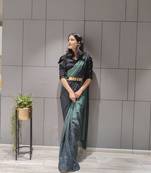 TEAL PRINTED READY TO WEAR CHIFFON SAREE WITH BLOUSE