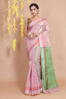 Mauve Tissue Handwoven Saree With Dual Borders And Floral Zari Pallu