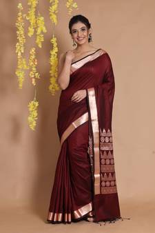Garnet Red Silk Handwoven Saree With Temple Borders And Ethnic Patterns