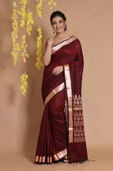 Garnet Red Silk Handwoven Saree With Temple Borders And Ethnic Patterns