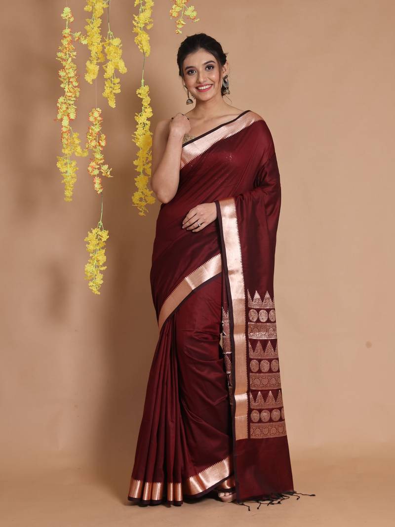 Garnet Red Silk Handwoven Saree With Temple Borders And Ethnic Patterns