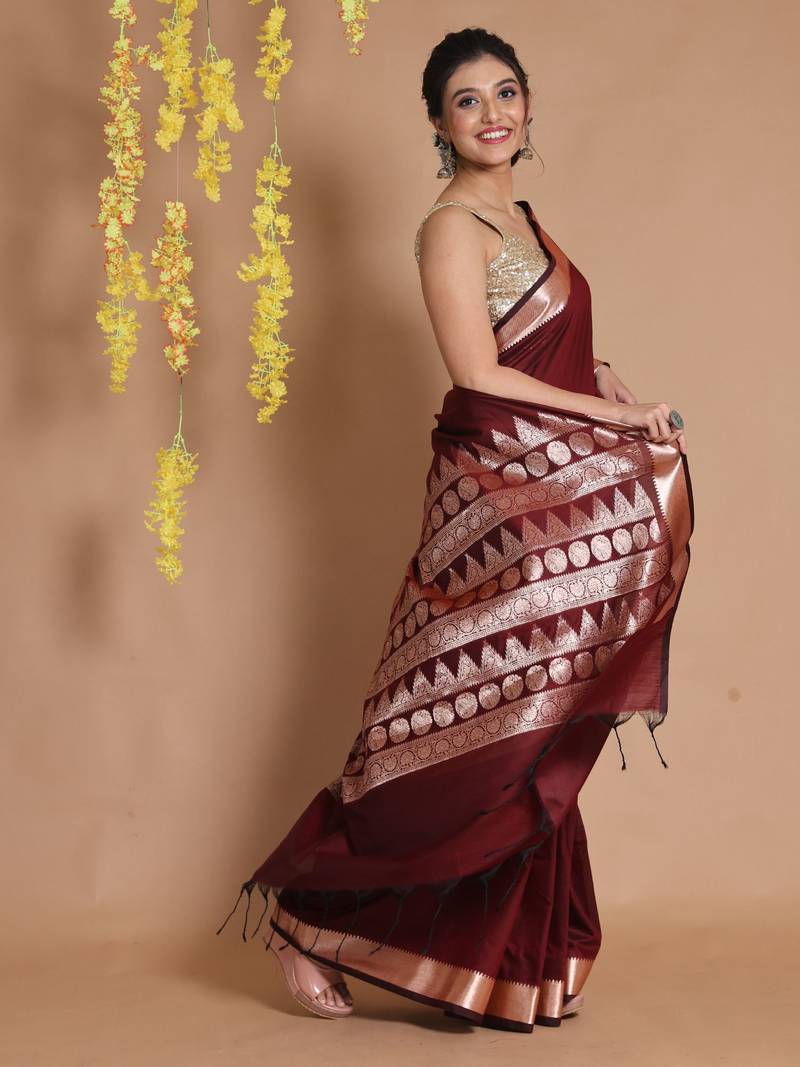 Garnet Red Silk Handwoven Saree With Temple Borders And Ethnic Patterns