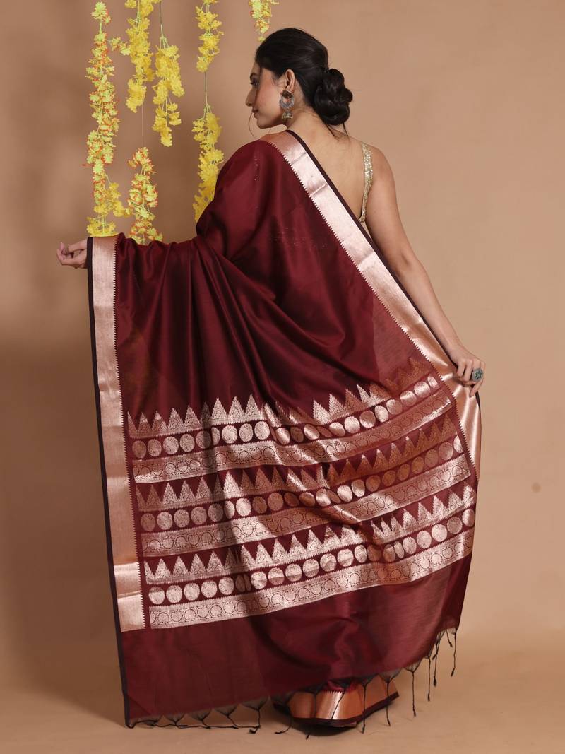 Garnet Red Silk Handwoven Saree With Temple Borders And Ethnic Patterns