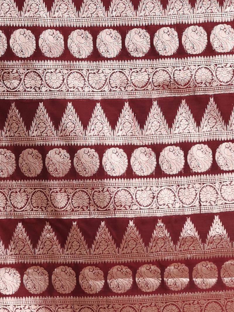 Garnet Red Silk Handwoven Saree With Temple Borders And Ethnic Patterns