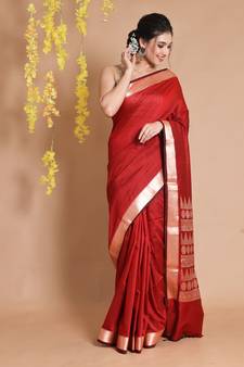 Brick Red Silk Handwoven Saree With Temple Borders And Ethnic Patterns