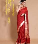 Brick Red Silk Handwoven Saree With Temple Borders And Ethnic Patterns