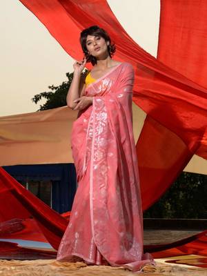 Flamingo Pink Cotton Blend Handwoven Saree With Zari Motifs And Paisley Jamdani Designs 1