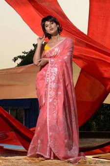 Flamingo Pink Cotton Blend Handwoven Saree With Zari Motifs And Paisley Jamdani Designs