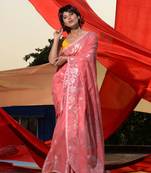 Flamingo Pink Cotton Blend Handwoven Saree With Zari Motifs And Paisley Jamdani Designs