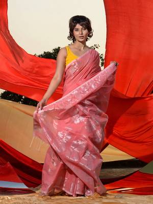 Flamingo Pink Cotton Blend Handwoven Saree With Zari Motifs And Paisley Jamdani Designs 2