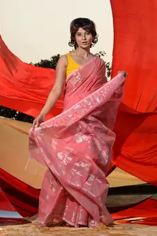 Flamingo Pink Cotton Blend Handwoven Saree With Zari Motifs And Paisley Jamdani Designs
