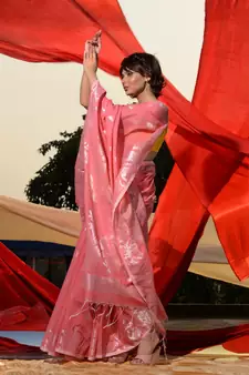 Flamingo Pink Cotton Blend Handwoven Saree With Zari Motifs And Paisley Jamdani Designs
