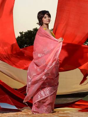 Flamingo Pink Cotton Blend Handwoven Saree With Zari Motifs And Paisley Jamdani Designs 4