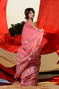 Flamingo Pink Cotton Blend Handwoven Saree With Zari Motifs And Paisley Jamdani Designs