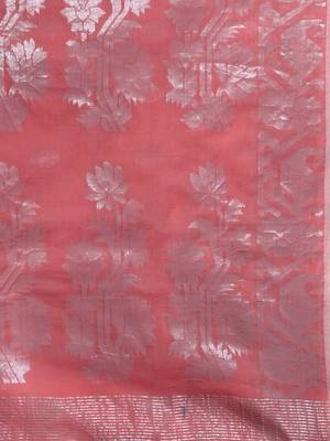 Flamingo Pink Cotton Blend Handwoven Saree With Zari Motifs And Paisley Jamdani Designs 5