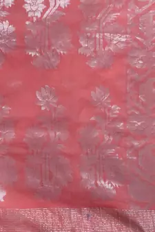 Flamingo Pink Cotton Blend Handwoven Saree With Zari Motifs And Paisley Jamdani Designs