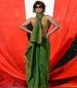 Parrot Green Cotton Blend Handwoven Saree With Zari Motifs And Paisley Designs