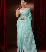 Aqua Blue Cotton Blend Handwoven Saree With Zari Motifs And Paisley Designs