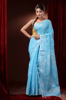 Sky Blue Cotton Blend Handwoven Saree With Zari Motifs And Paisley Designs