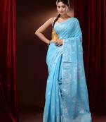 Sky Blue Cotton Blend Handwoven Saree With Zari Motifs And Paisley Designs