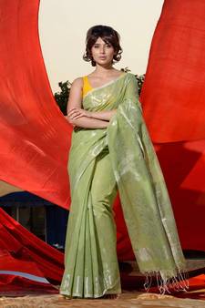 Sap Green Cotton Blend Handwoven Saree With Zari Motifs And Paisley Designs