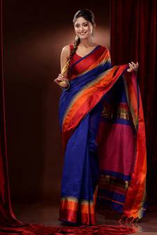 Royal Blue Cotton Silk Handwoven Saree With Contrast Borders And Pallu