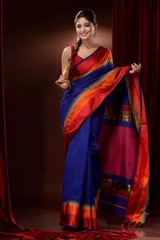 Royal Blue Cotton Silk Handwoven Saree With Contrast Borders And Pallu