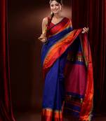 Royal Blue Cotton Silk Handwoven Saree With Contrast Borders And Pallu
