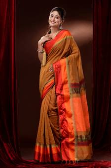 Medallion Yellow Cotton Silk Handwoven Saree With Contrast Borders And Pallu