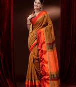 Medallion Yellow Cotton Silk Handwoven Saree With Contrast Borders And Pallu