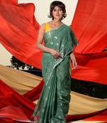 Green Blended Cotton Woven Abstract Print Cotton Saree
