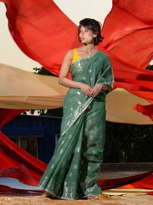 Green Blended Cotton Woven Abstract Print Cotton Saree 2