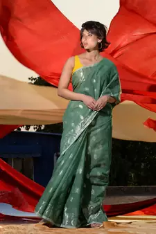 Green Blended Cotton Woven Abstract Print Cotton Saree