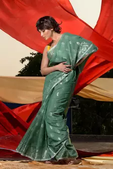 Green Blended Cotton Woven Abstract Print Cotton Saree