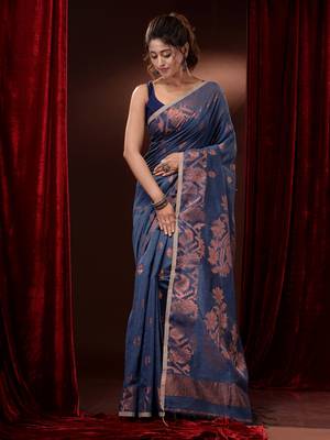 Aegean Blue Cotton Blend Handwoven Saree With Zari Woven Floral And Paisley 1