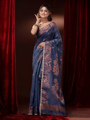 Aegean Blue Cotton Blend Handwoven Saree With Zari Woven Floral And Paisley 2