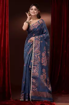 Aegean Blue Cotton Blend Handwoven Saree With Zari Woven Floral And Paisley