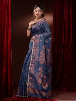 Aegean Blue Cotton Blend Handwoven Saree With Zari Woven Floral And Paisley 3