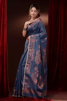 Aegean Blue Cotton Blend Handwoven Saree With Zari Woven Floral And Paisley