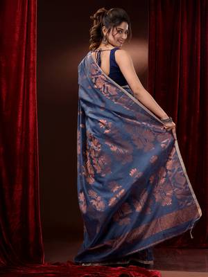 Aegean Blue Cotton Blend Handwoven Saree With Zari Woven Floral And Paisley 4