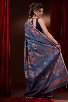 Aegean Blue Cotton Blend Handwoven Saree With Zari Woven Floral And Paisley