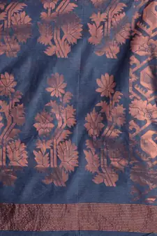 Aegean Blue Cotton Blend Handwoven Saree With Zari Woven Floral And Paisley