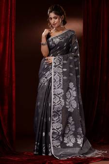Grey Cotton Blend Handwoven Saree With Zari Woven Floral And Paisley