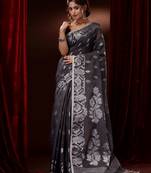Grey Cotton Blend Handwoven Saree With Zari Woven Floral And Paisley