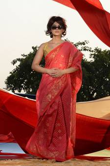 Punch Pink Cotton Blend Handwoven Saree With Ethnic Motifs And Zari Jamdani Pallu