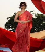 Punch Pink Cotton Blend Handwoven Saree With Ethnic Motifs And Zari Jamdani Pallu