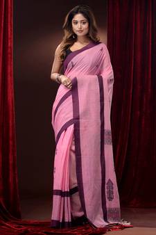 Pink Pure Cotton Handwoven Saree With Ethnic Motifs And Checkered Borders