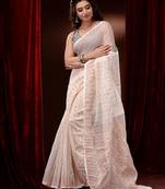 Off White Silk Cotton Handwoven Jamdani Saree With Zari Woven Designs And Motifs