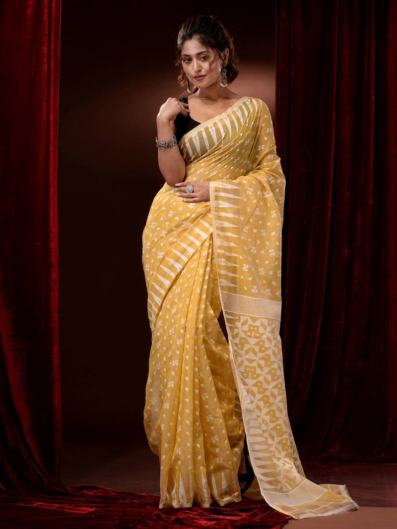 Yellow Silk Cotton Handwoven Jamdani Saree With Woven Designs And Motifs