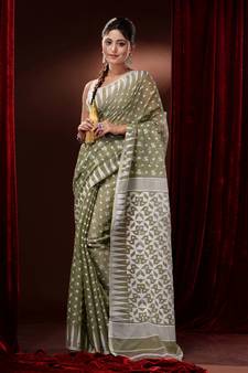 Olive Green Silk Cotton Handwoven Jamdani Saree With Woven Designs And Motifs